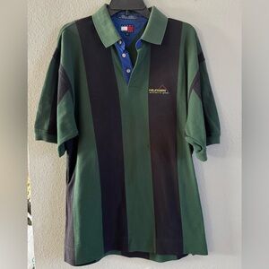 Vintage 90’s Tommy Hilfiger Men’s Green & Black Striped polo style Shirt Sz L